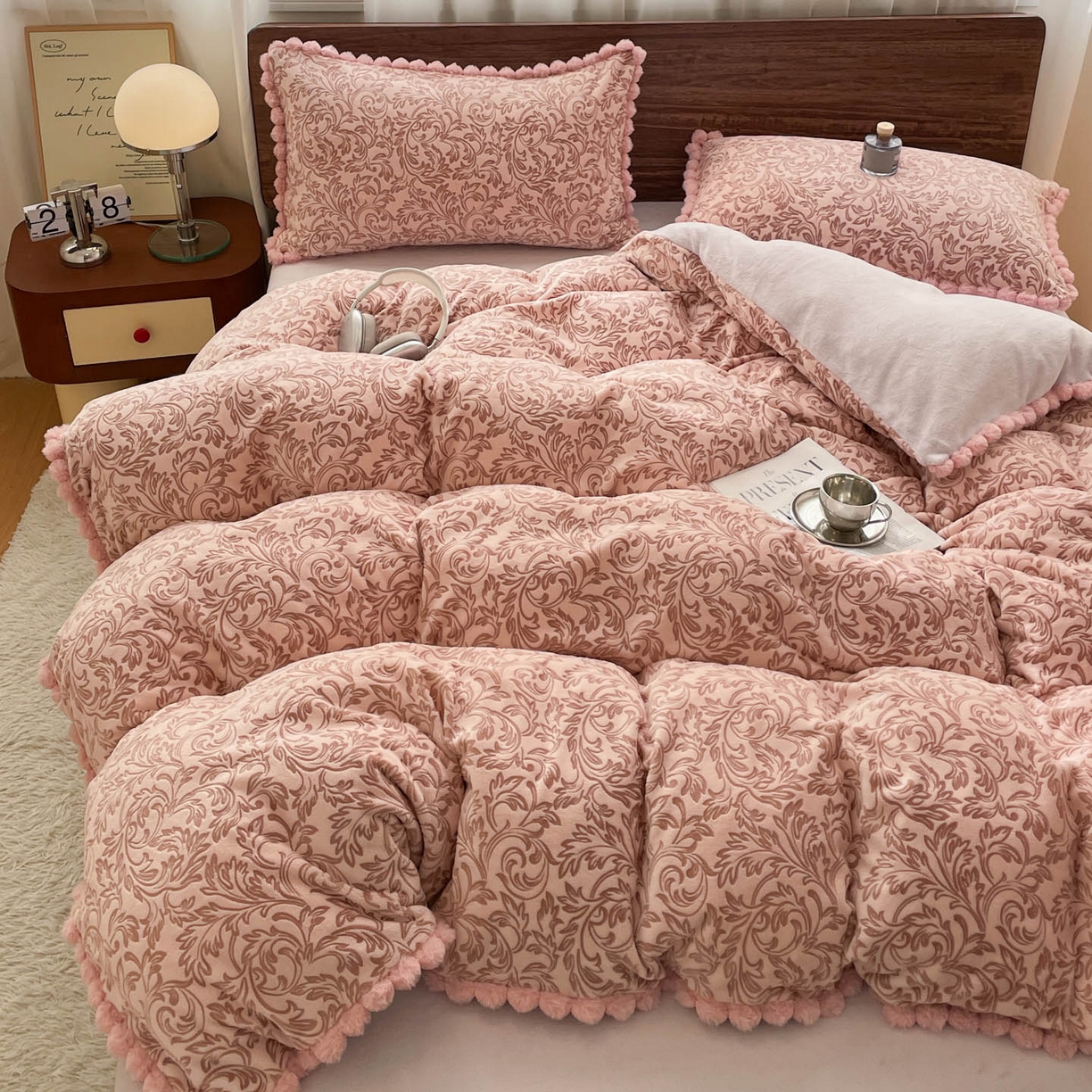 羚羊语家纺 2025新款230克全消光雕花绒牛奶绒兔毛球四件套轻奢风立体着色烂花牛奶绒提花加厚保暖床单床笠三件套 蜜绒绒-香雪粉