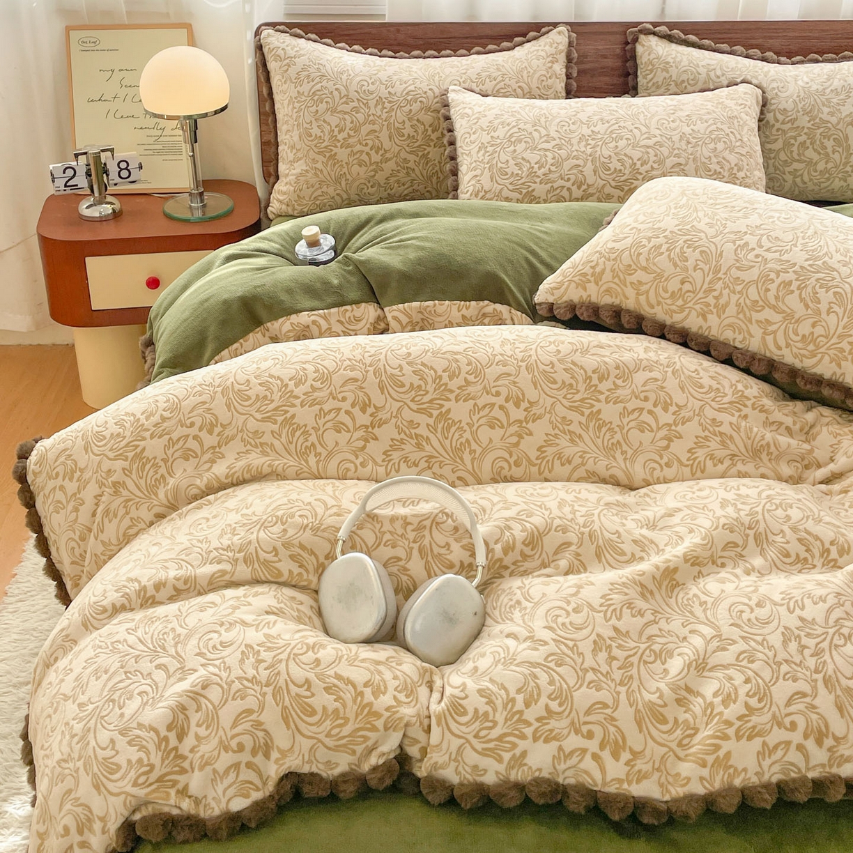 91家纺网 家纺一手货源 找家纺 （总）羚羊语家纺 2025新款230克全消光雕花绒牛奶绒兔毛球四件套轻奢风立体着色烂花牛奶绒提花加厚保暖床单床笠三件套