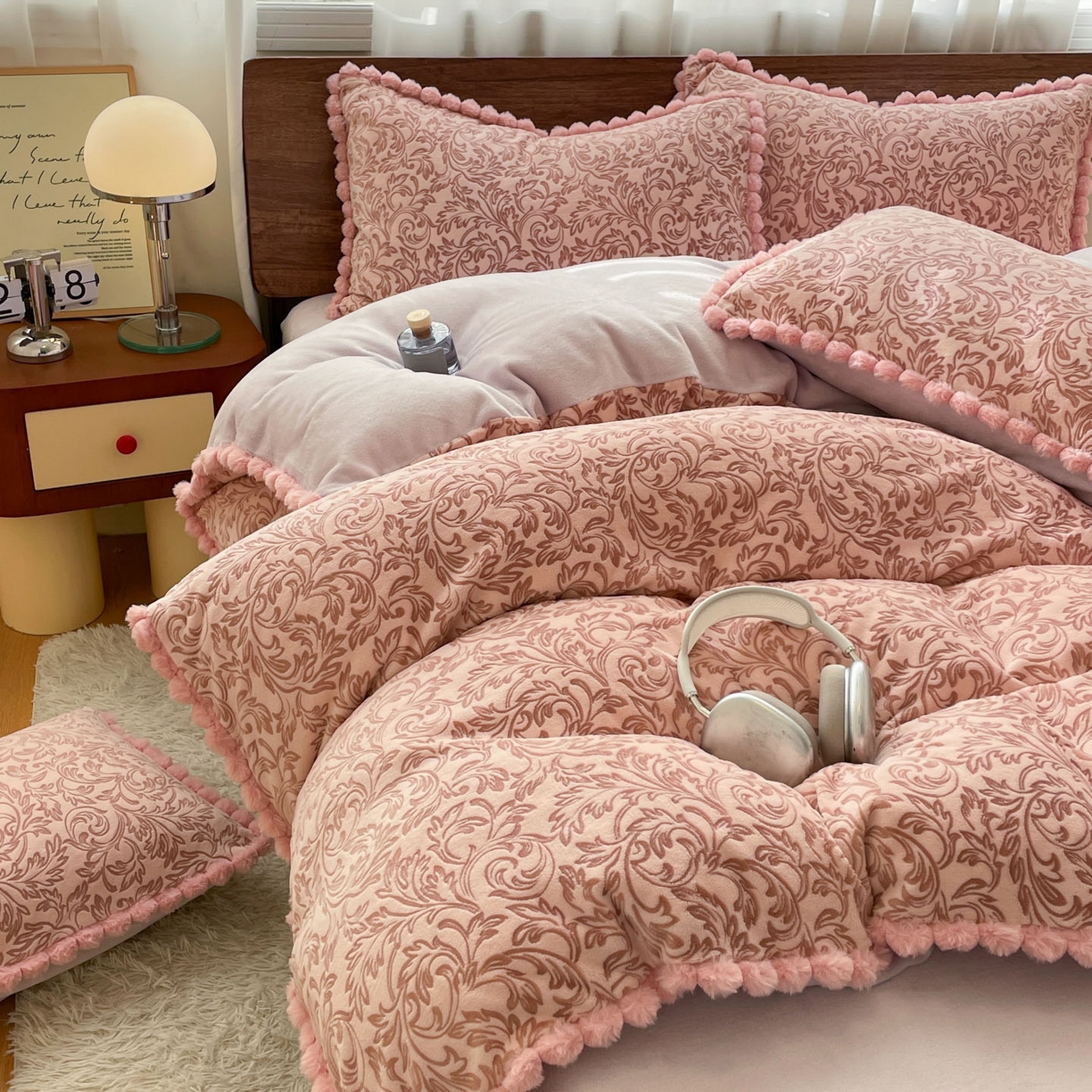 91家纺网 家纺一手货源 找家纺 羚羊语家纺 2025新款230克全消光雕花绒牛奶绒兔毛球四件套轻奢风立体着色烂花牛奶绒提花加厚保暖床单床笠三件套 蜜绒绒-香雪粉