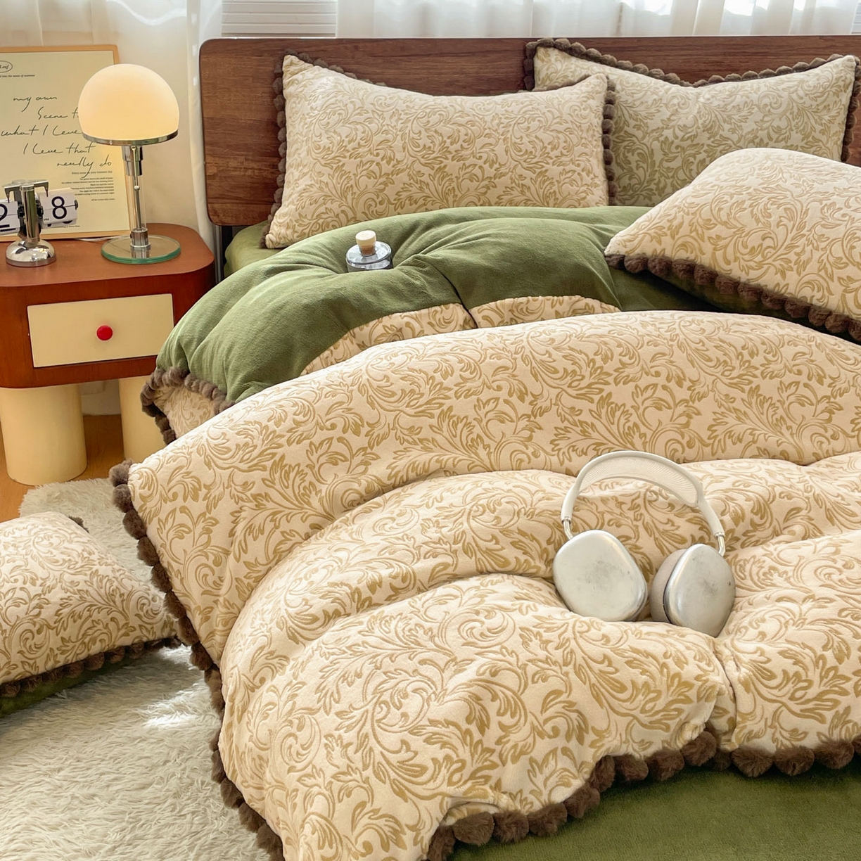 91家纺网 家纺一手货源 找家纺 羚羊语家纺 2025新款230克全消光雕花绒牛奶绒兔毛球四件套轻奢风立体着色烂花牛奶绒提花加厚保暖床单床笠三件套 蜜绒绒-莫松染