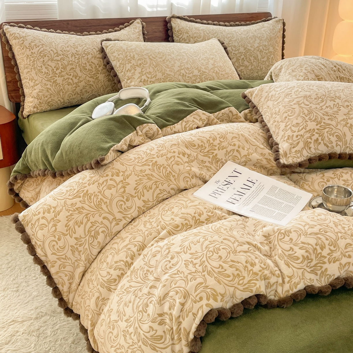 91家纺网 家纺一手货源 找家纺 羚羊语家纺 2025新款230克全消光雕花绒牛奶绒兔毛球四件套轻奢风立体着色烂花牛奶绒提花加厚保暖床单床笠三件套 蜜绒绒-莫松染