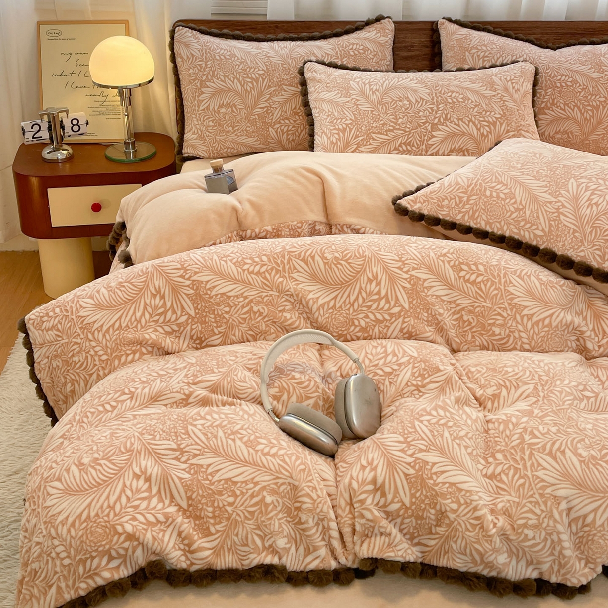 91家纺网 家纺一手货源 找家纺 羚羊语家纺 2025新款230克全消光雕花绒牛奶绒兔毛球四件套轻奢风立体着色烂花牛奶绒提花加厚保暖床单床笠三件套 蜜绒绒-松露咖