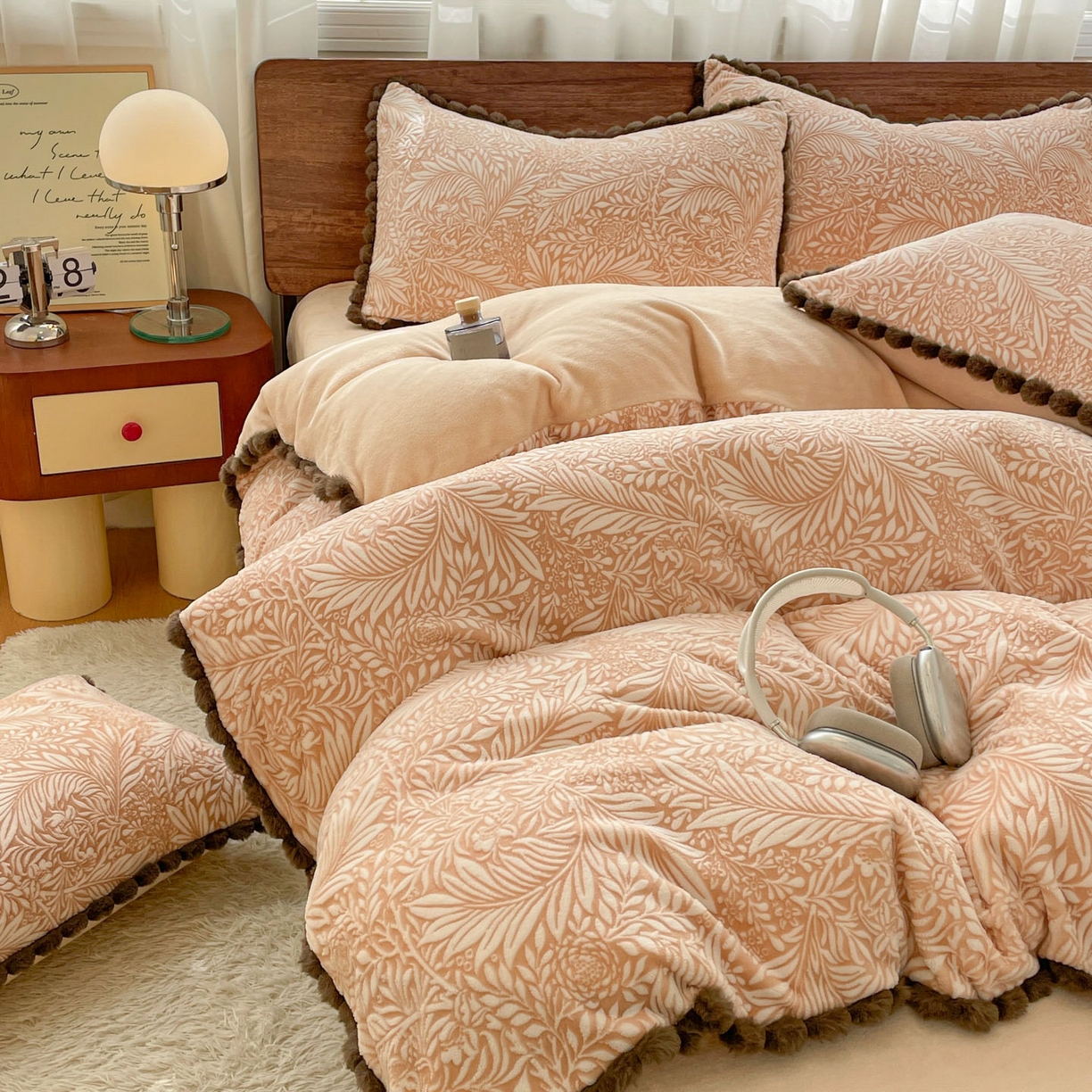 91家纺网 家纺一手货源 找家纺 羚羊语家纺 2025新款230克全消光雕花绒牛奶绒兔毛球四件套轻奢风立体着色烂花牛奶绒提花加厚保暖床单床笠三件套 蜜绒绒-松露咖