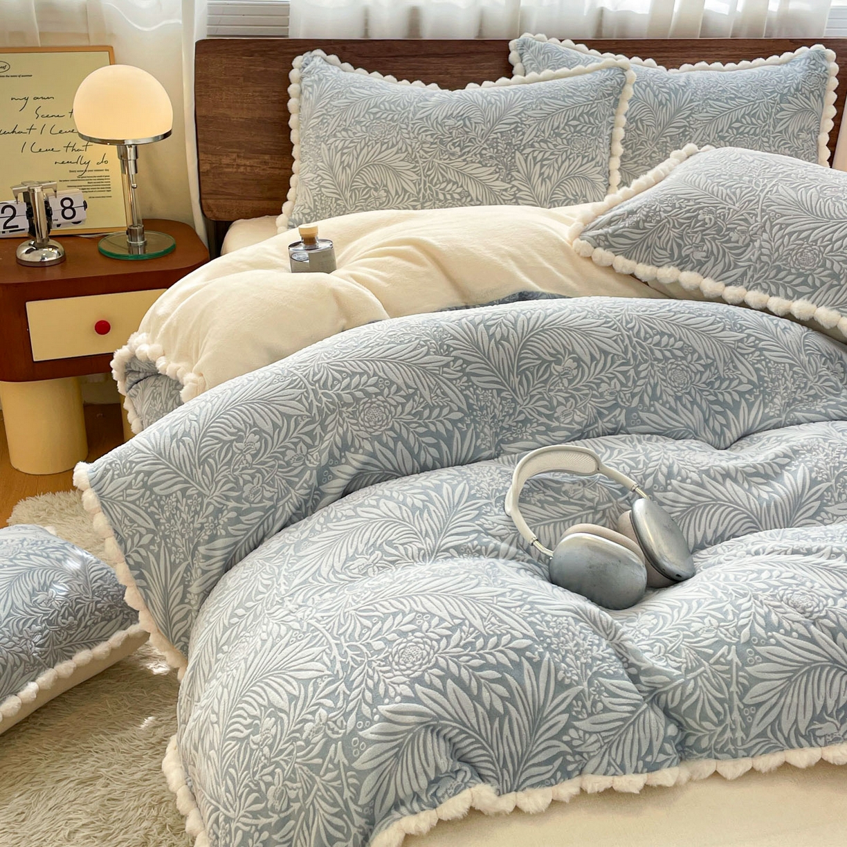 91家纺网 家纺一手货源 找家纺 羚羊语家纺 2025新款230克全消光雕花绒牛奶绒兔毛球四件套轻奢风立体着色烂花牛奶绒提花加厚保暖床单床笠三件套 蜜绒绒-海盐蓝