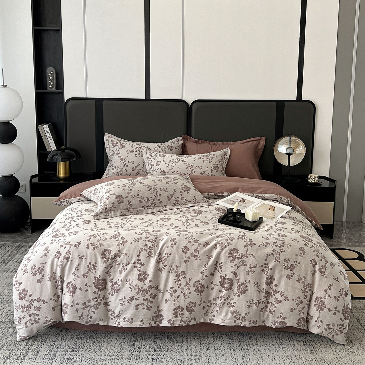 锦彩家居 2025新款A类60支全棉色织提花四件套-复古风系列 屋顶花园-豆沙