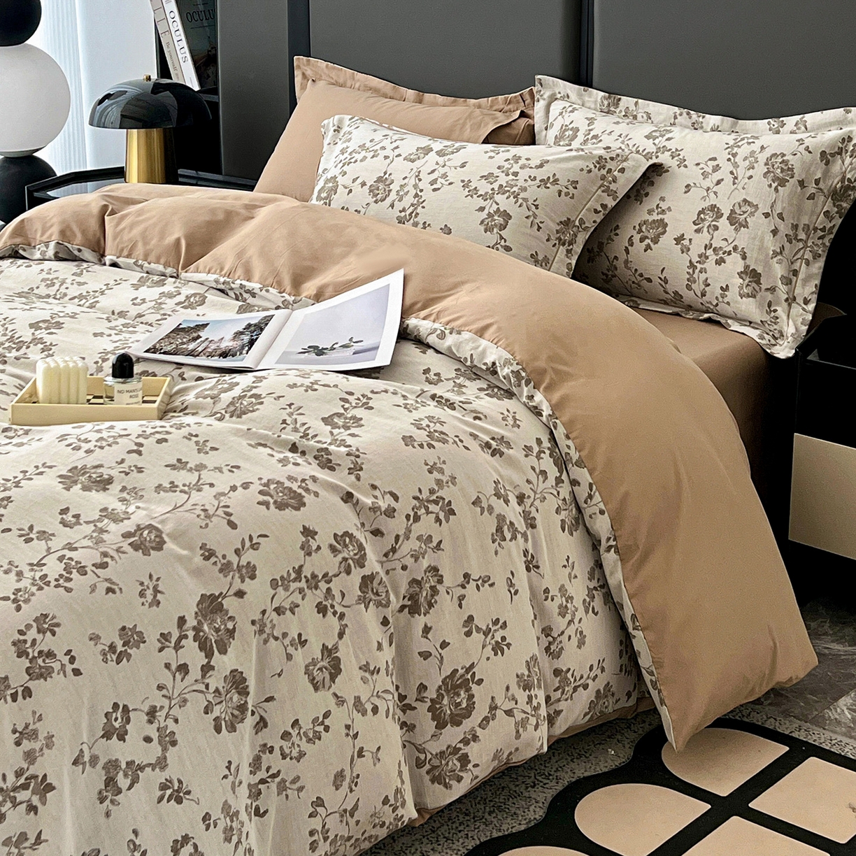 91家纺网 家纺一手货源 找家纺 锦彩家居 2025新款A类60支全棉色织提花四件套-复古风系列 屋顶花园-卡其