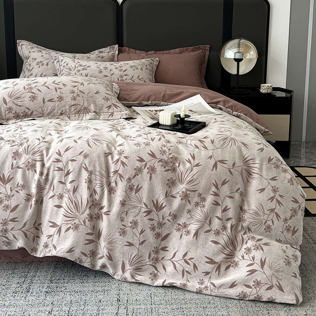 91家纺网 家纺一手货源 找家纺 锦彩家居 2025新款A类60支全棉色织提花四件套-复古风系列 暮光蒲英-豆沙