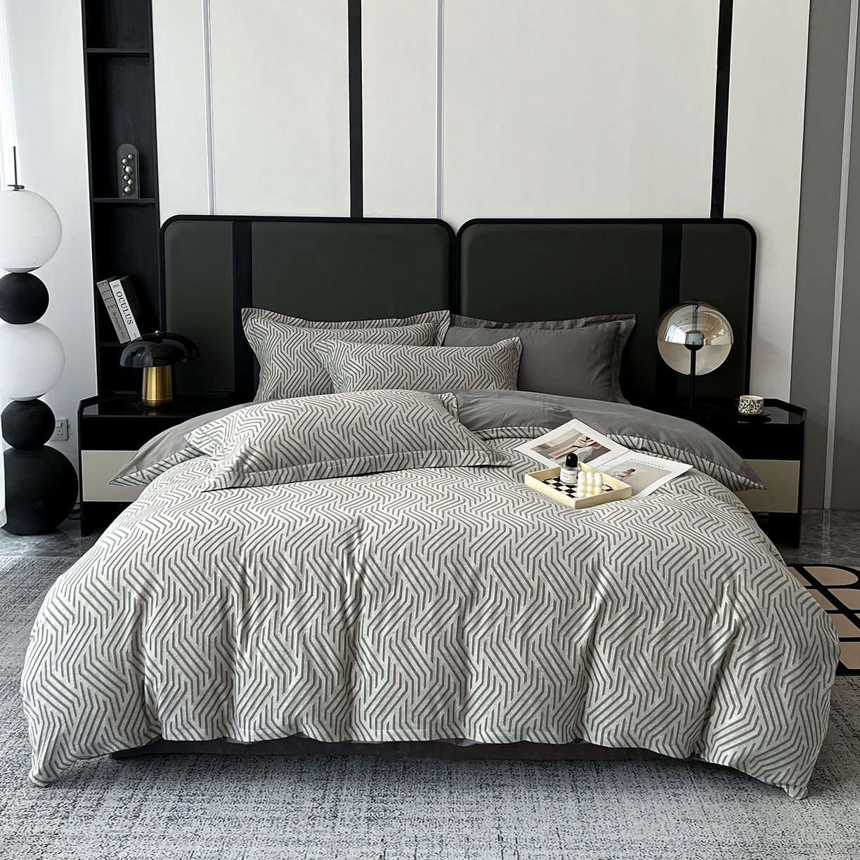 锦彩家居 2025新款A类60支全棉色织提花四件套-复古风系列 简雅几何-灰