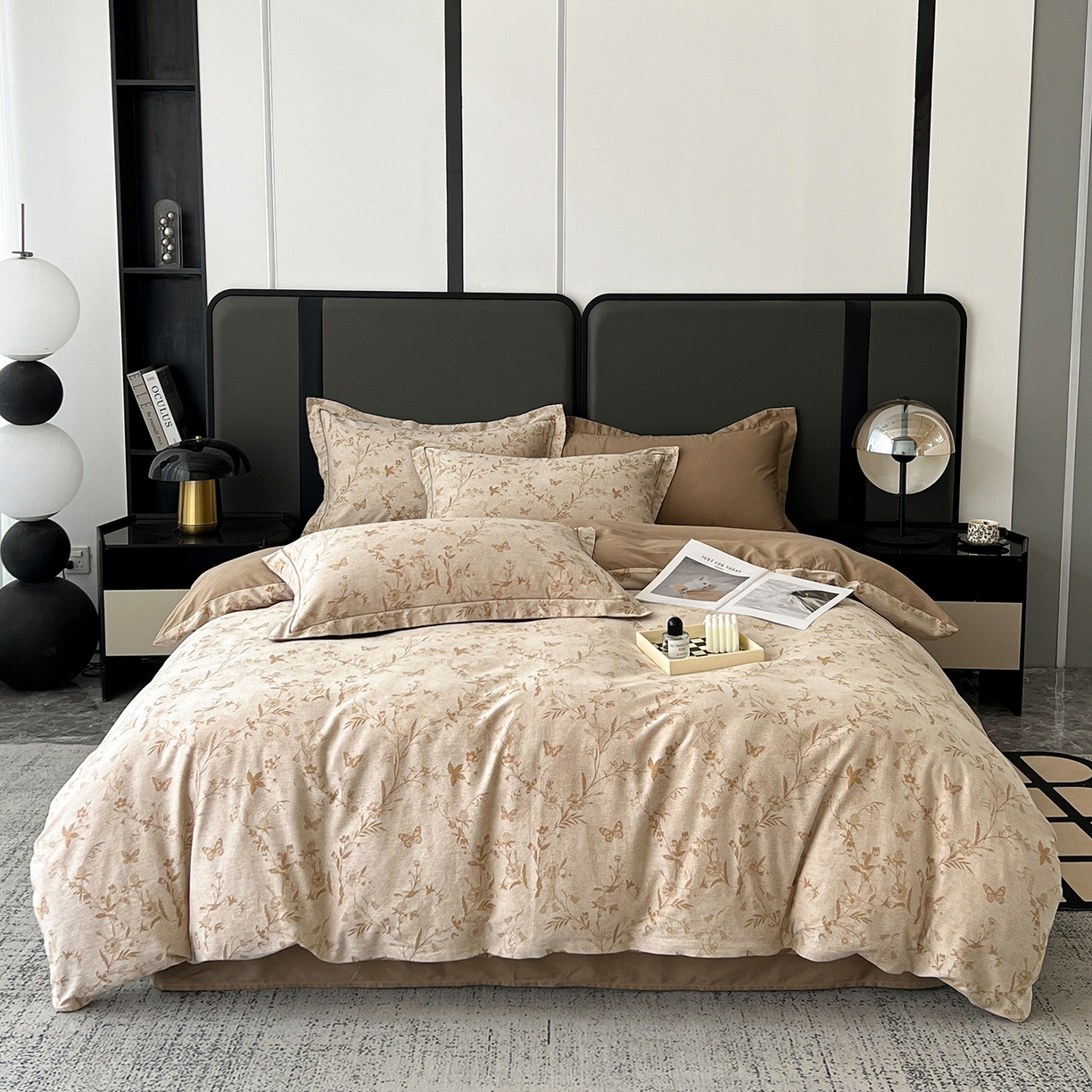 锦彩家居 2025新款A类60支全棉色织提花四件套-复古风系列 蝴蝶花影-卡其