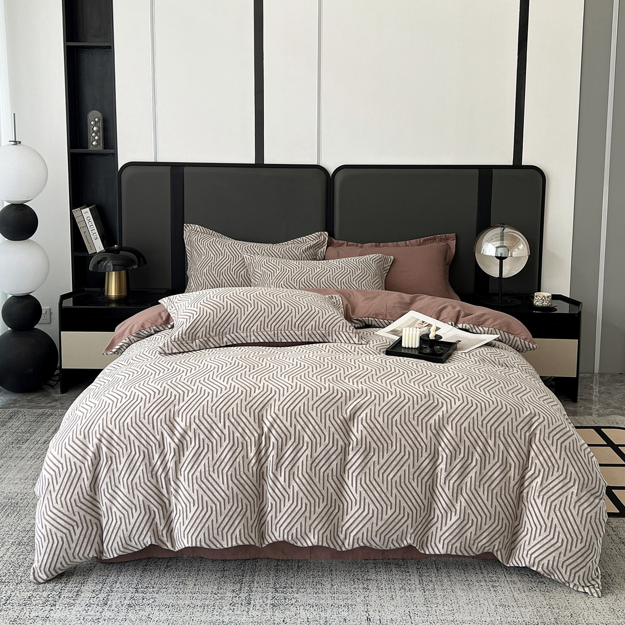 锦彩家居 2025新款A类60支全棉色织提花四件套-复古风系列 简雅几何-豆沙