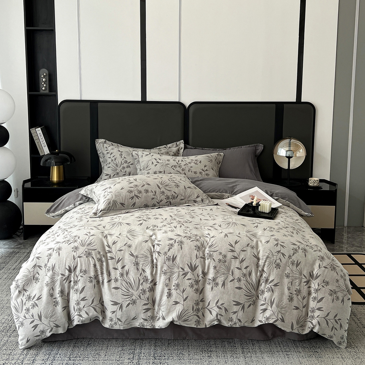 锦彩家居 2025新款A类60支全棉色织提花四件套-复古风系列 暮光蒲英-灰