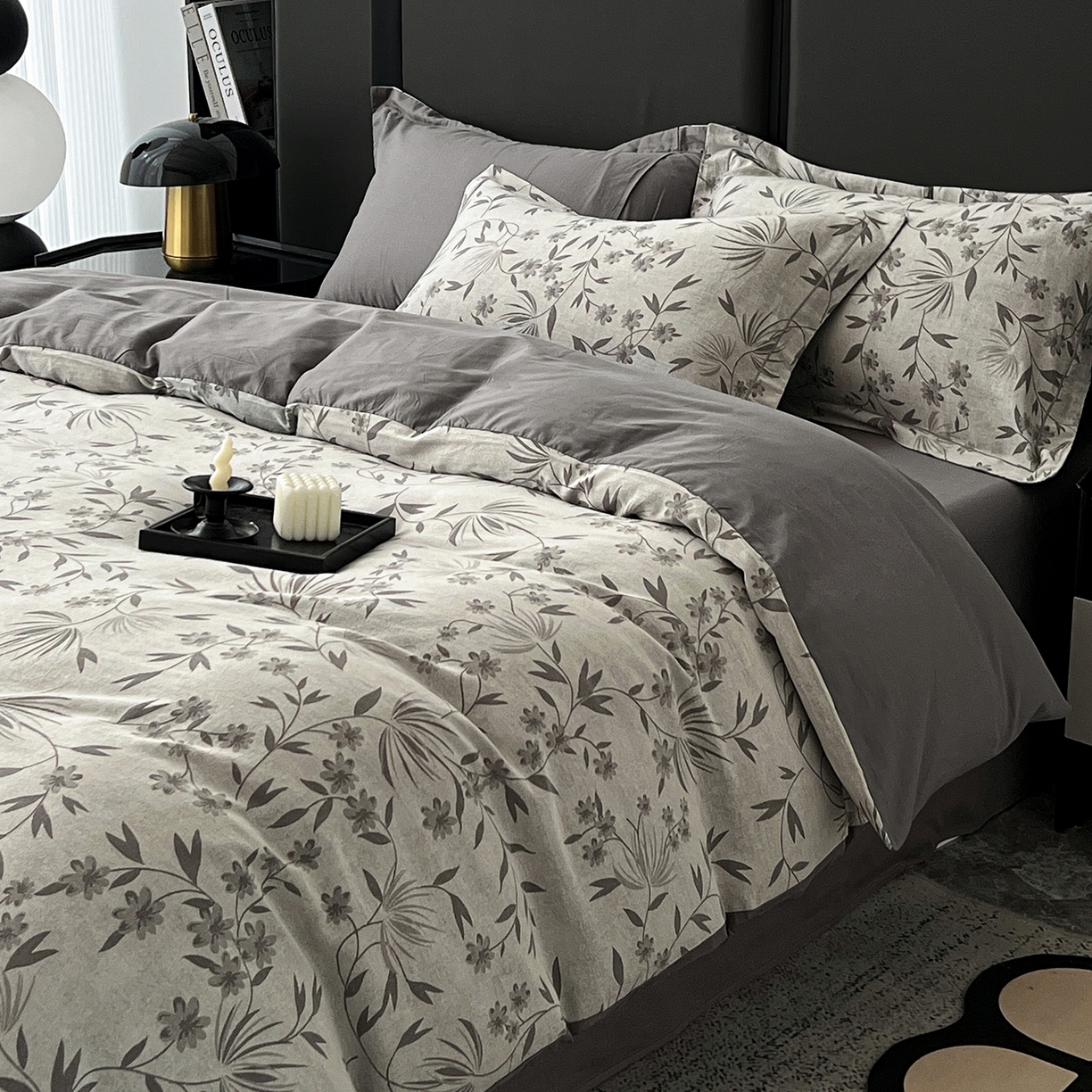 91家纺网 家纺一手货源 找家纺 锦彩家居 2025新款A类60支全棉色织提花四件套-复古风系列 暮光蒲英-灰