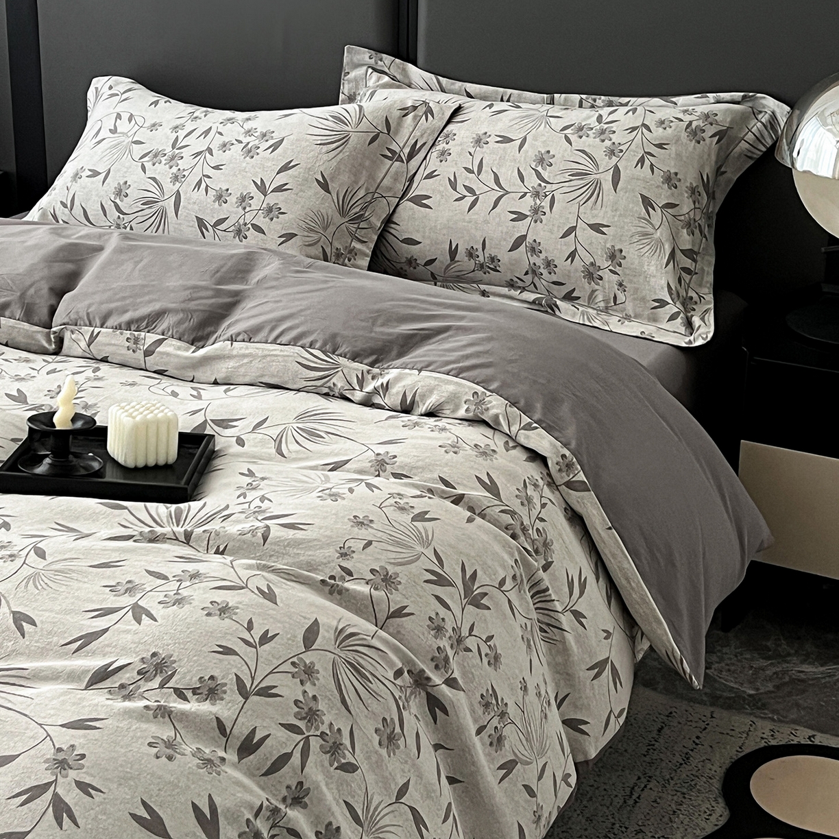 91家纺网 家纺一手货源 找家纺 锦彩家居 2025新款A类60支全棉色织提花四件套-复古风系列 暮光蒲英-灰