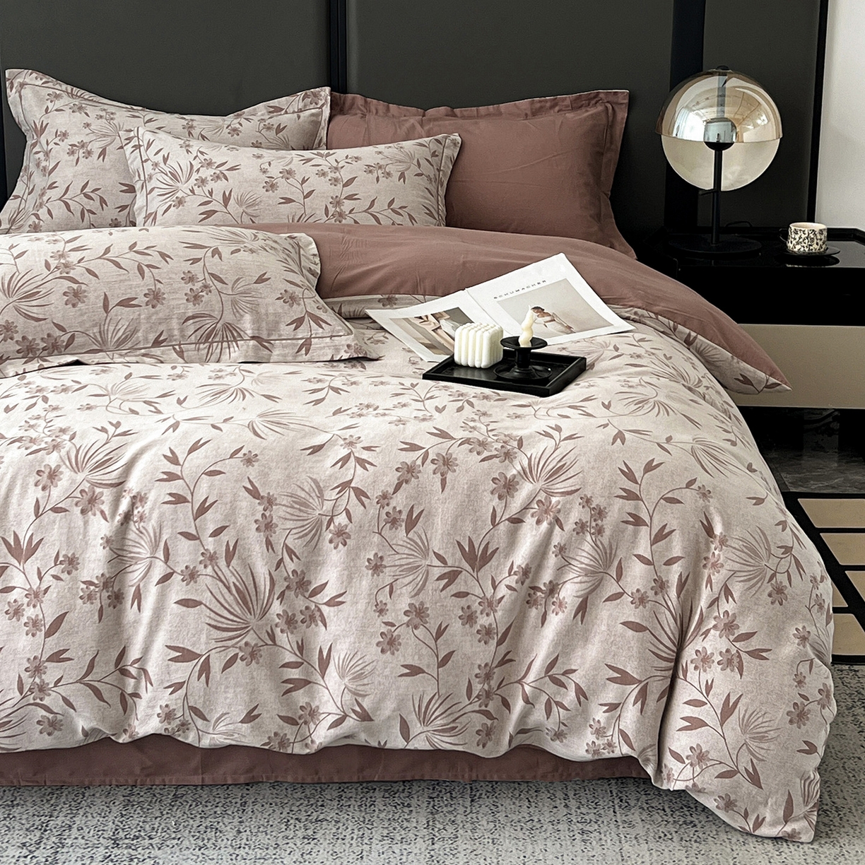 91家纺网 家纺一手货源 找家纺 锦彩家居 2025新款A类60支全棉色织提花四件套-复古风系列 暮光蒲英-豆沙