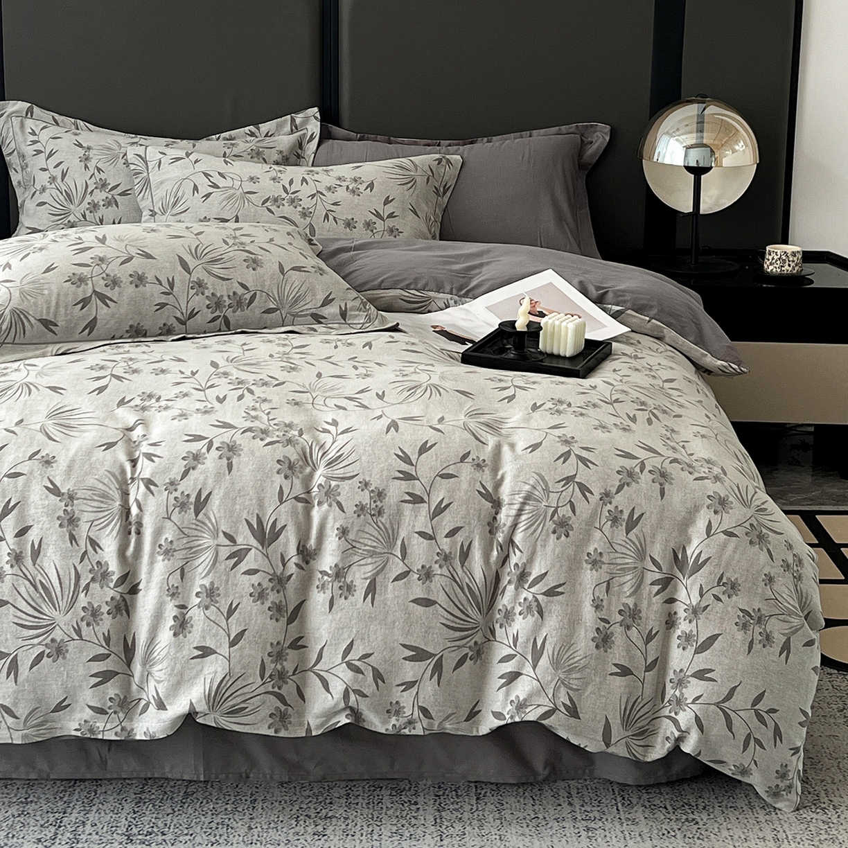 91家纺网 家纺一手货源 找家纺 锦彩家居 2025新款A类60支全棉色织提花四件套-复古风系列 暮光蒲英-灰