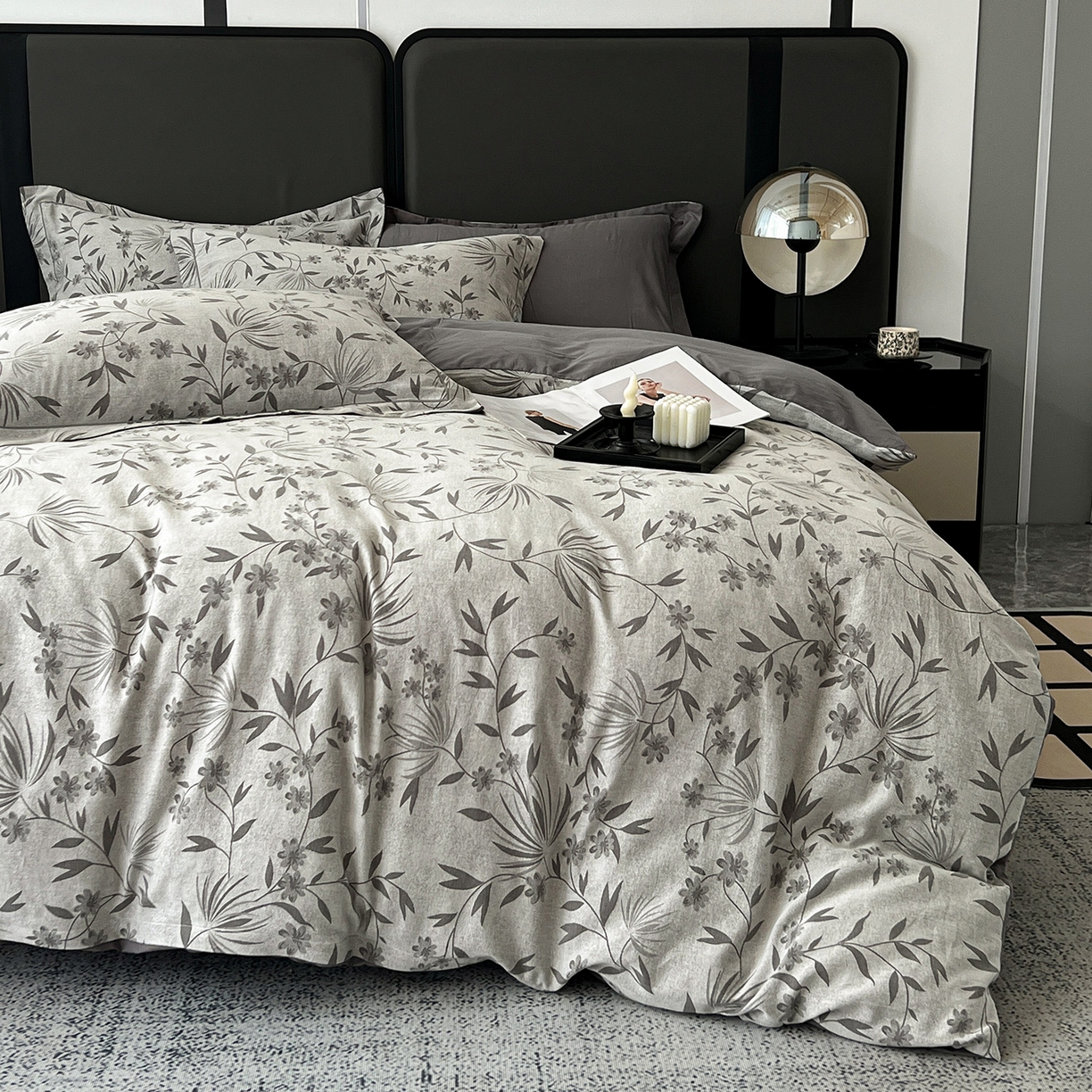 91家纺网 家纺一手货源 找家纺 锦彩家居 2025新款A类60支全棉色织提花四件套-复古风系列 暮光蒲英-灰