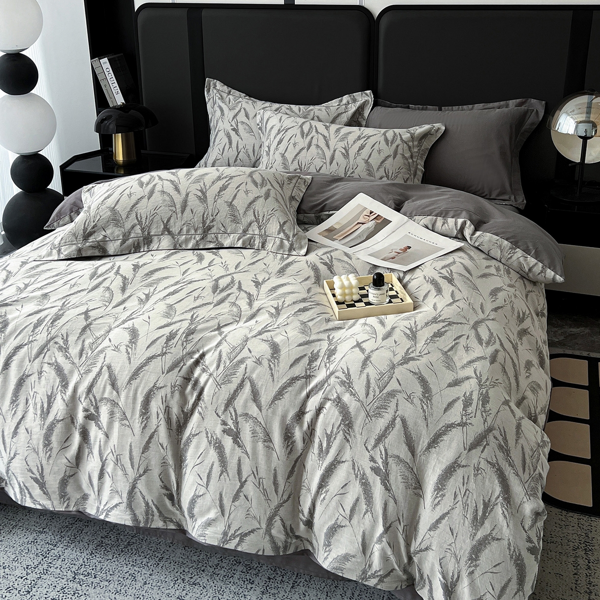 91家纺网 家纺一手货源 找家纺 锦彩家居 2025新款A类60支全棉色织提花四件套-复古风系列 风吹穗绒-灰