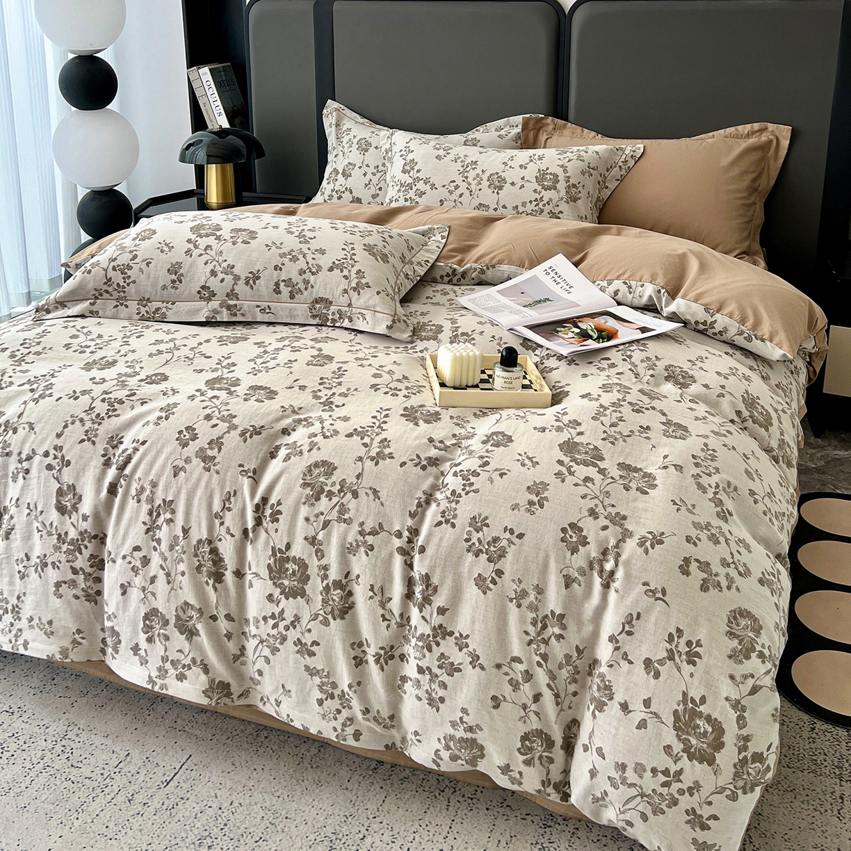 91家纺网 家纺一手货源 找家纺 锦彩家居 2025新款A类60支全棉色织提花四件套-复古风系列 屋顶花园-卡其