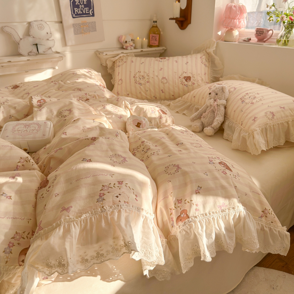 91家纺网 家纺一手货源 找家纺 锦彩家居 2026新款全棉数码印花卡通花边款三件套四件套INS小红书博主风（提供买家秀） 云朵小熊