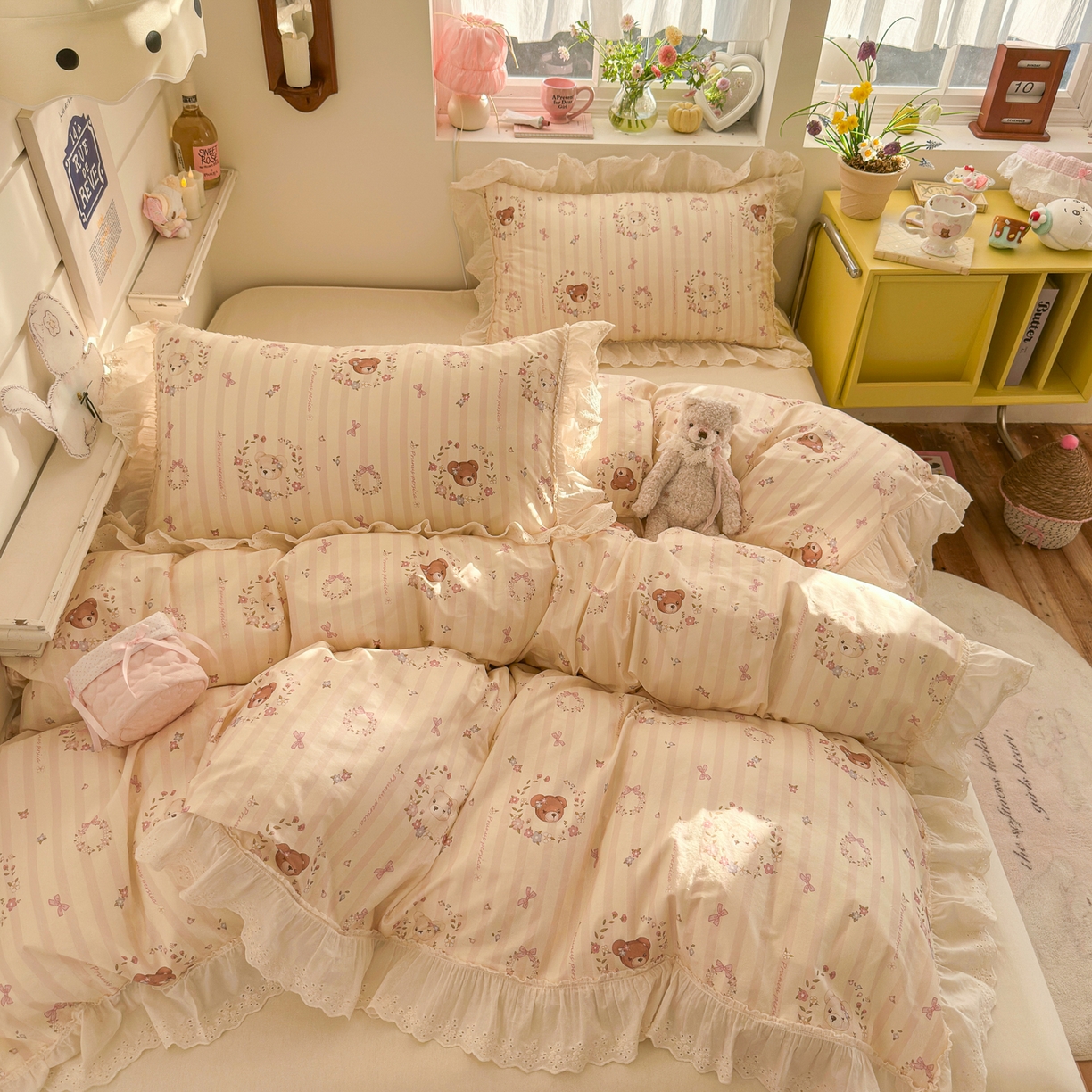 91家纺网 家纺一手货源 找家纺 锦彩家居 2026新款全棉数码印花卡通花边款三件套四件套INS小红书博主风（提供买家秀） 云朵小熊