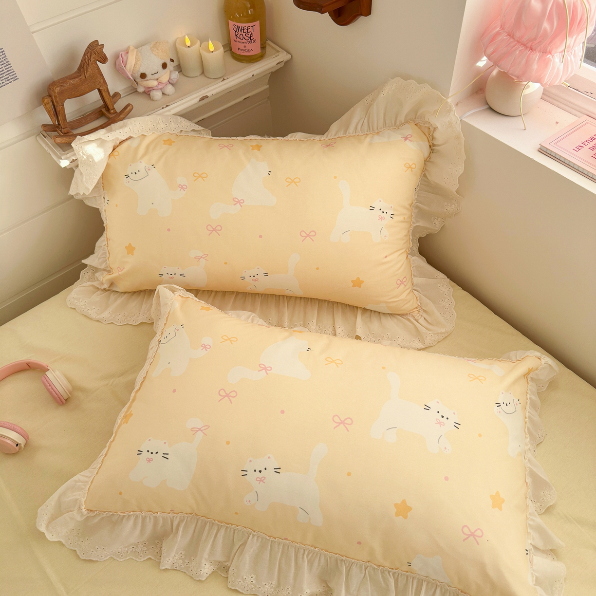 91家纺网 家纺一手货源 找家纺 锦彩家居 2026新款全棉数码印花卡通花边款三件套四件套INS小红书博主风（提供买家秀） 小猫椰椰