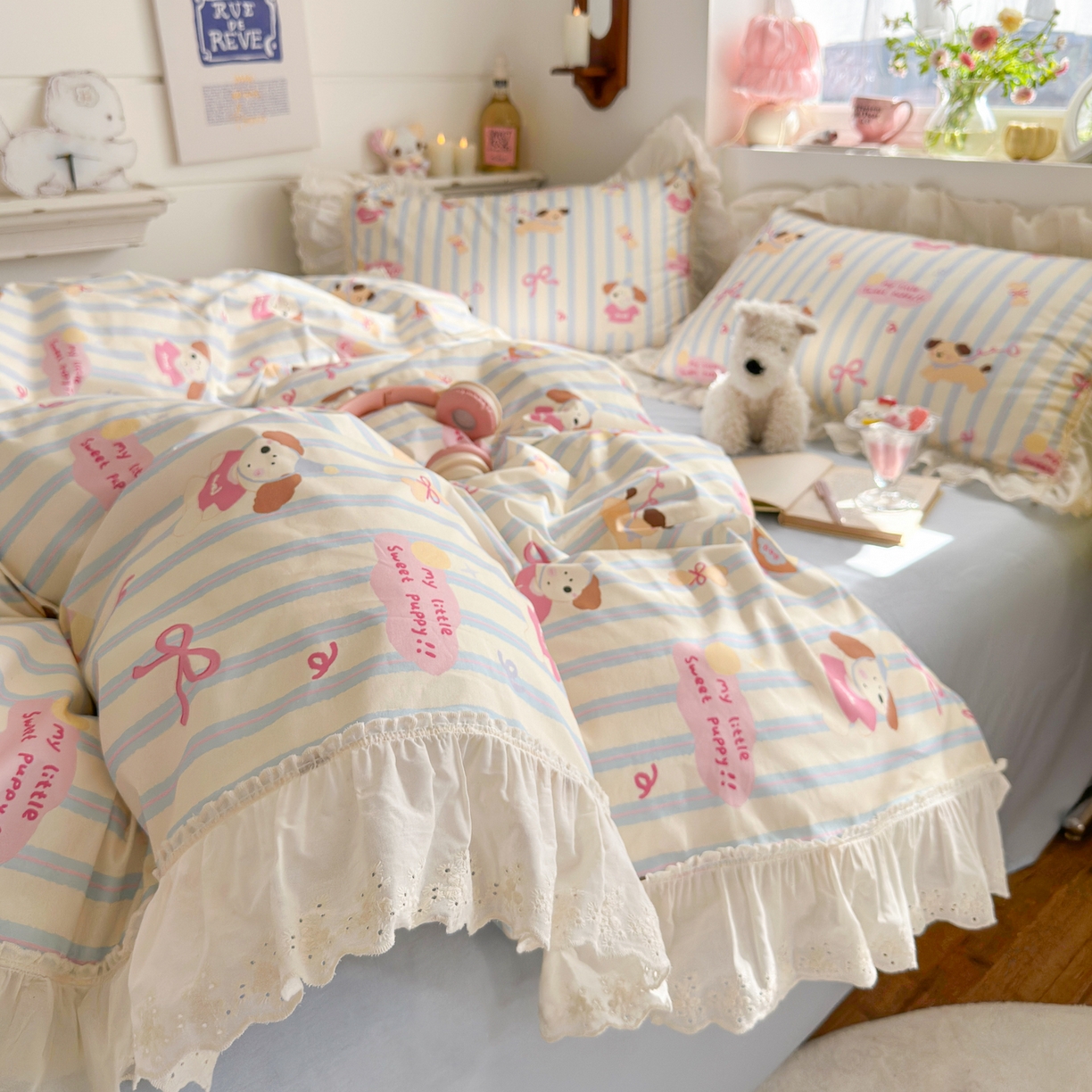 91家纺网 家纺一手货源 找家纺 锦彩家居 2026新款全棉数码印花卡通花边款三件套四件套INS小红书博主风（提供买家秀） 小狗密码