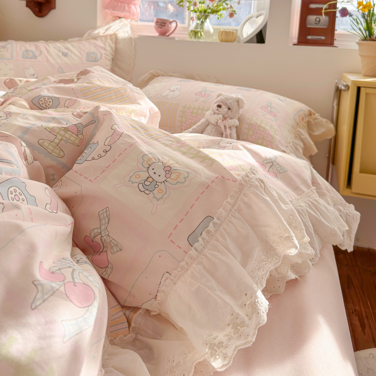 91家纺网 家纺一手货源 找家纺 锦彩家居 2026新款全棉数码印花卡通花边款三件套四件套INS小红书博主风（提供买家秀） 萌宠派对