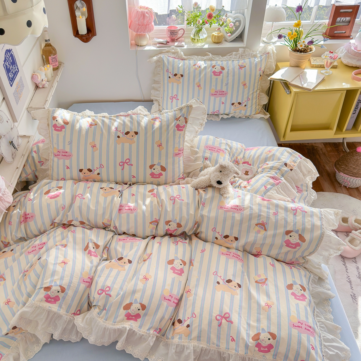 91家纺网 家纺一手货源 找家纺 锦彩家居 2026新款全棉数码印花卡通花边款三件套四件套INS小红书博主风（提供买家秀） 小狗密码