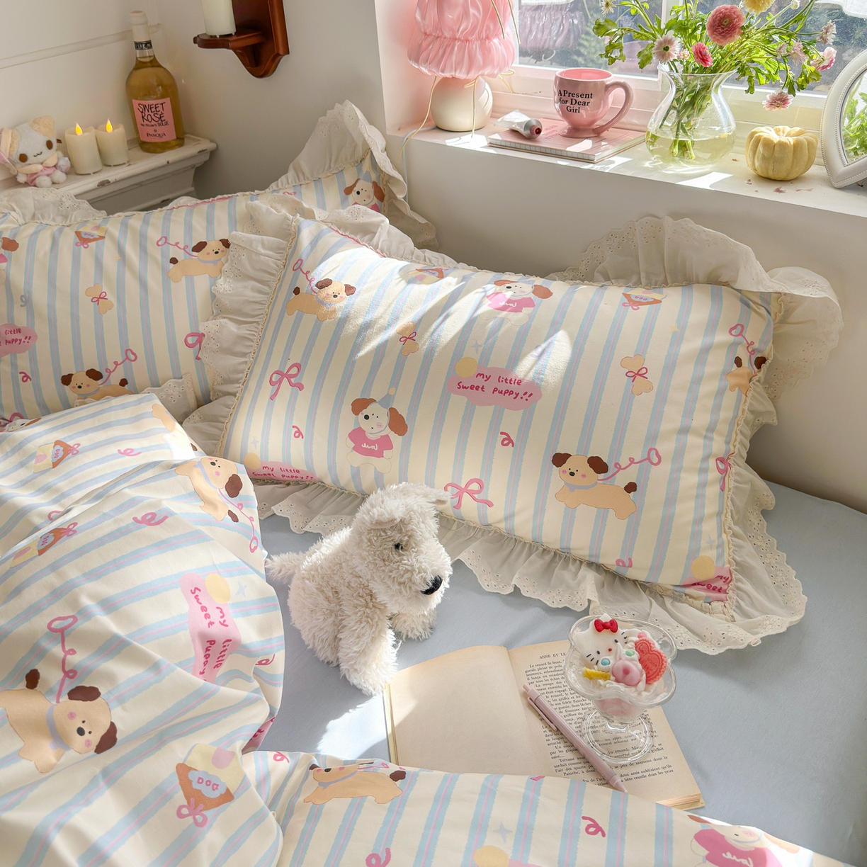 91家纺网 家纺一手货源 找家纺 锦彩家居 2026新款全棉数码印花卡通花边款三件套四件套INS小红书博主风（提供买家秀） 小狗密码