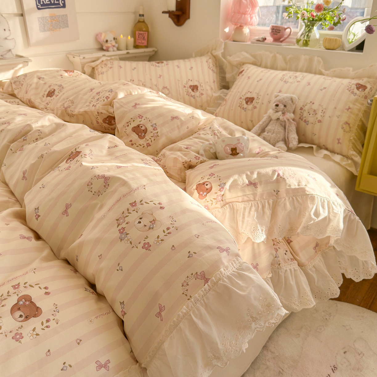 锦彩家居 2026新款全棉数码印花卡通花边款三件套四件套INS小红书博主风（提供买家秀） 云朵小熊