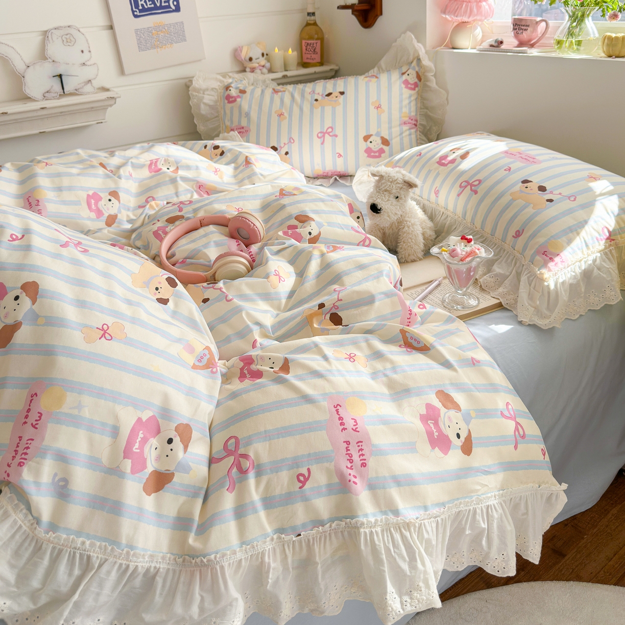 91家纺网 家纺一手货源 找家纺 锦彩家居 2026新款全棉数码印花卡通花边款三件套四件套INS小红书博主风（提供买家秀） 小狗密码