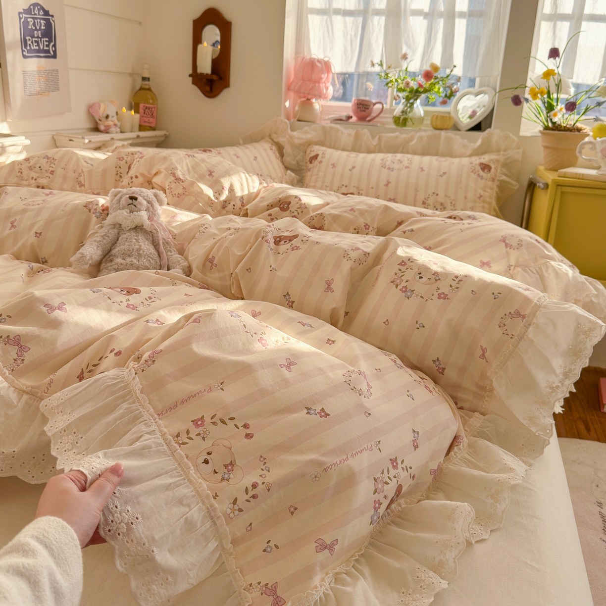 91家纺网 家纺一手货源 找家纺 锦彩家居 2026新款全棉数码印花卡通花边款三件套四件套INS小红书博主风（提供买家秀） 云朵小熊