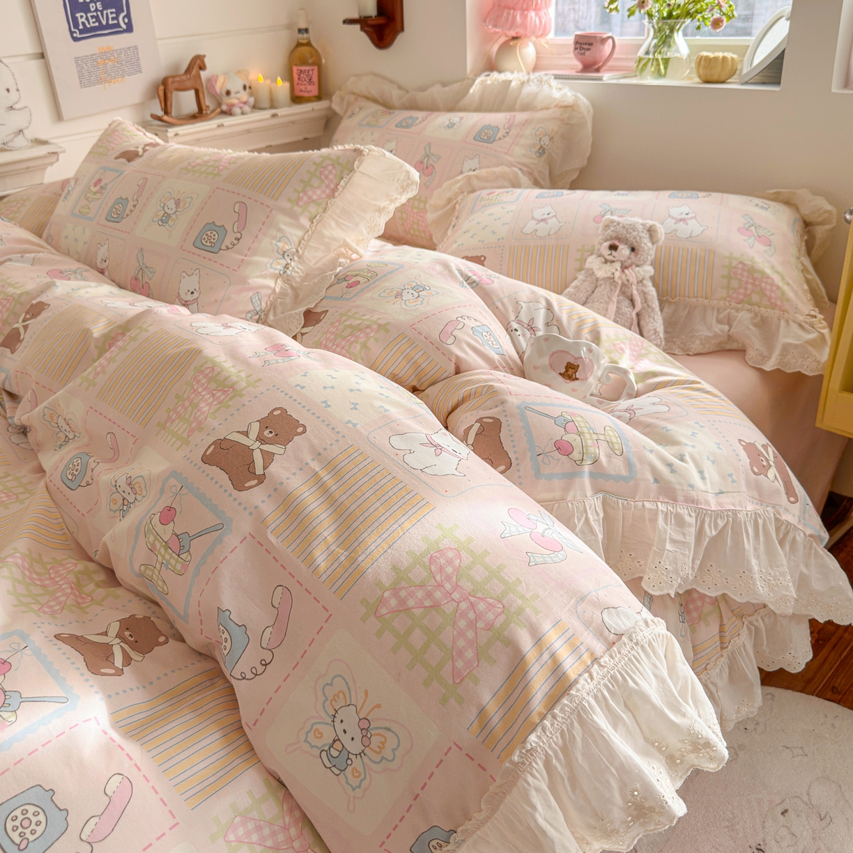 91家纺网 家纺一手货源 找家纺 （总）锦彩家居 2026新款全棉数码印花卡通花边款三件套四件套INS小红书博主风（提供买家秀）