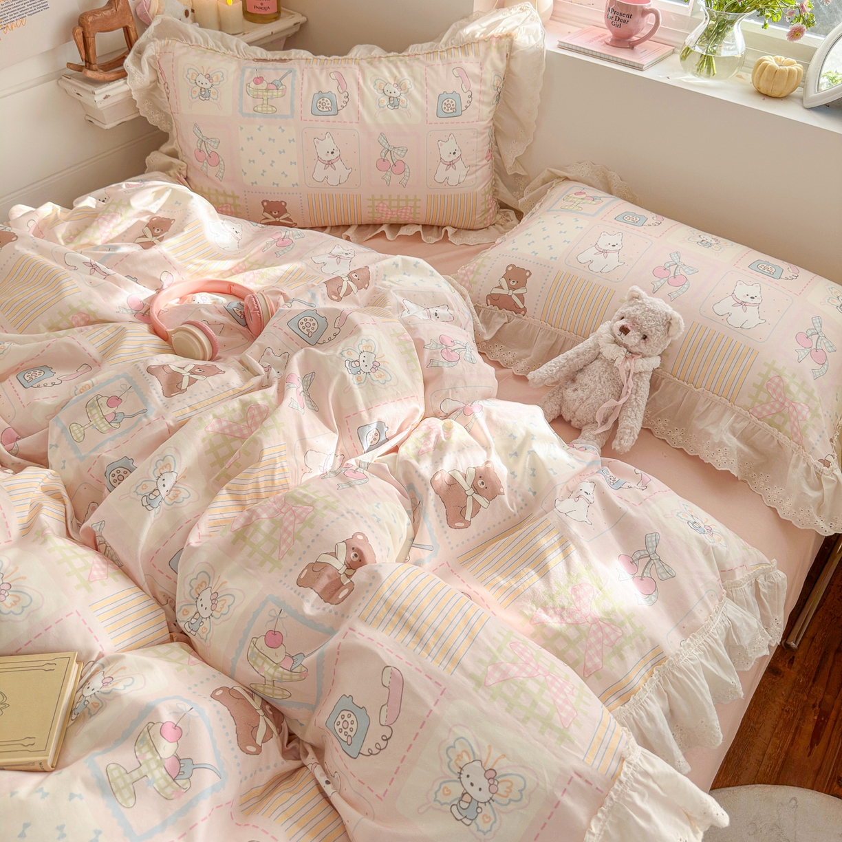 91家纺网 家纺一手货源 找家纺 锦彩家居 2026新款全棉数码印花卡通花边款三件套四件套INS小红书博主风（提供买家秀） 萌宠派对