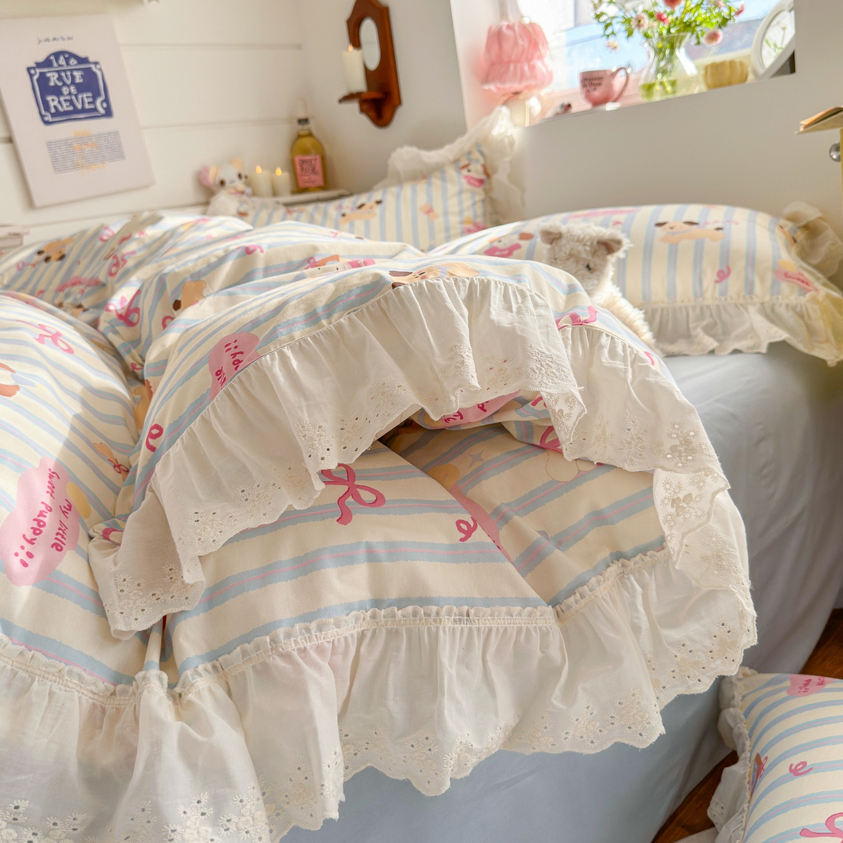 91家纺网 家纺一手货源 找家纺 锦彩家居 2026新款全棉数码印花卡通花边款三件套四件套INS小红书博主风（提供买家秀） 小狗密码