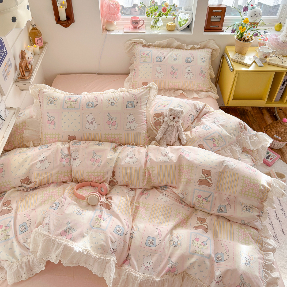 91家纺网 家纺一手货源 找家纺 锦彩家居 2026新款全棉数码印花卡通花边款三件套四件套INS小红书博主风（提供买家秀） 萌宠派对