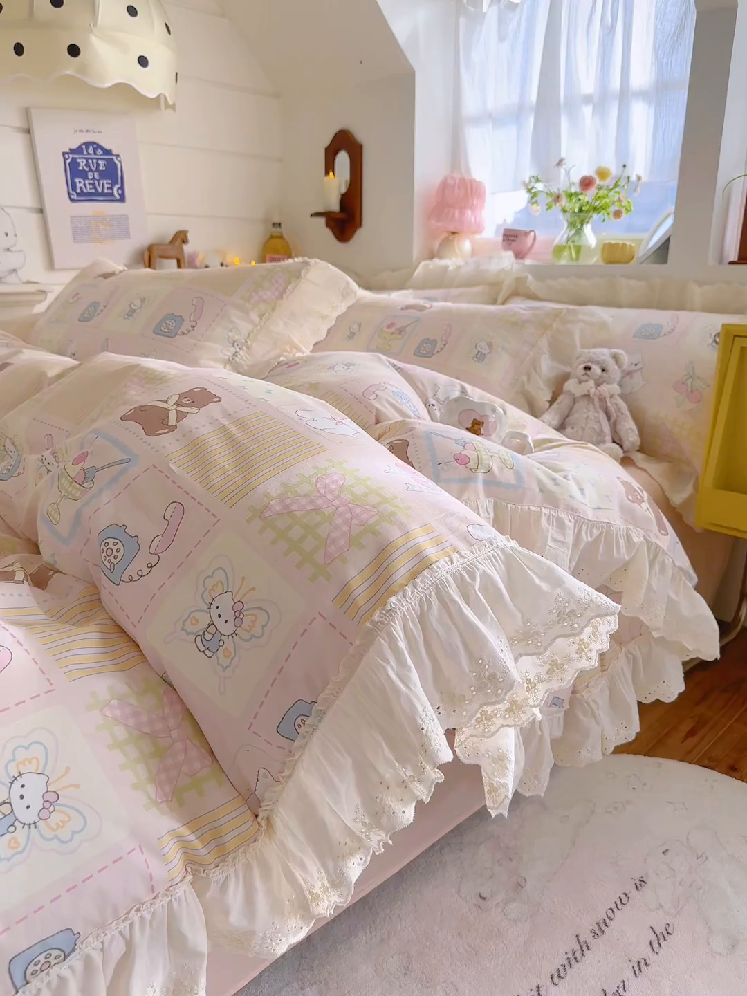 91家纺网 家纺一手货源 找家纺 锦彩家居 2026新款全棉数码印花卡通花边款三件套四件套INS小红书博主风（提供买家秀） 萌宠派对