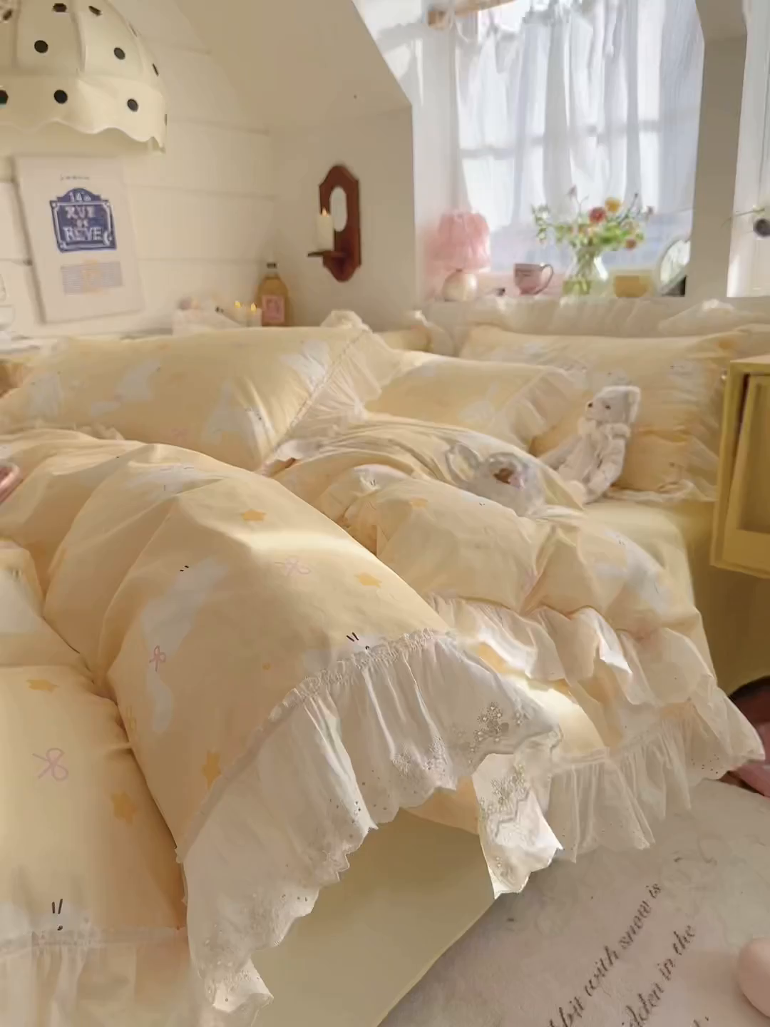 91家纺网 家纺一手货源 找家纺 锦彩家居 2026新款全棉数码印花卡通花边款三件套四件套INS小红书博主风（提供买家秀） 小猫椰椰