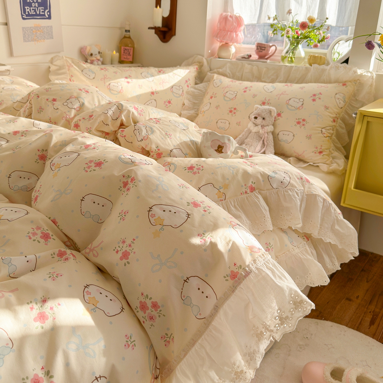 锦彩家居 2026新款全棉数码印花卡通花边款三件套四件套INS小红书博主风（提供买家秀） 花蕾猫咪