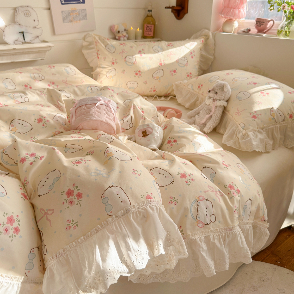 91家纺网 家纺一手货源 找家纺 锦彩家居 2026新款全棉数码印花卡通花边款三件套四件套INS小红书博主风（提供买家秀） 花蕾猫咪