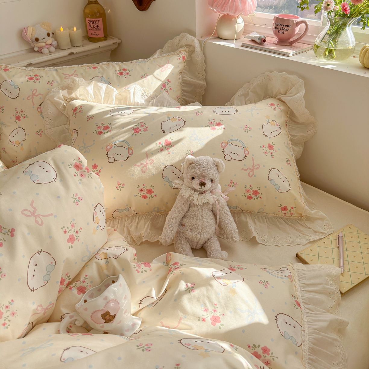 91家纺网 家纺一手货源 找家纺 锦彩家居 2026新款全棉数码印花卡通花边款三件套四件套INS小红书博主风（提供买家秀） 花蕾猫咪