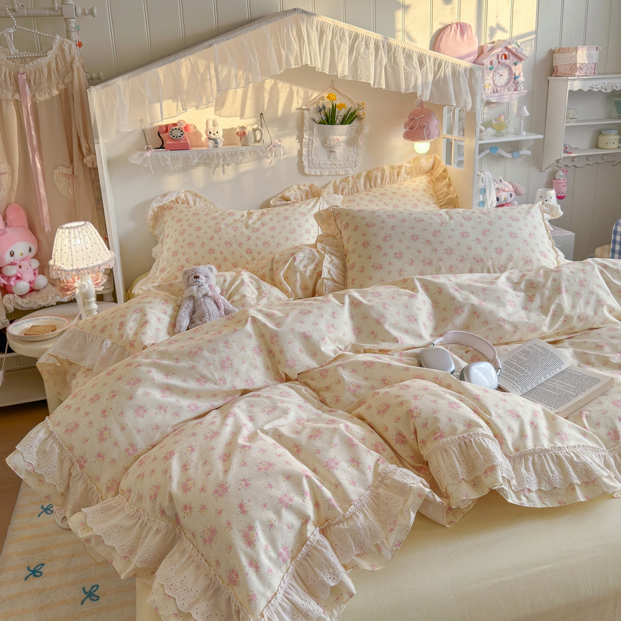 91家纺网 家纺一手货源 找家纺 锦彩家居 2026新款全棉数码印花小碎花花边款三件套四件套INS小红书博主风（提供买家秀） 栀子花信