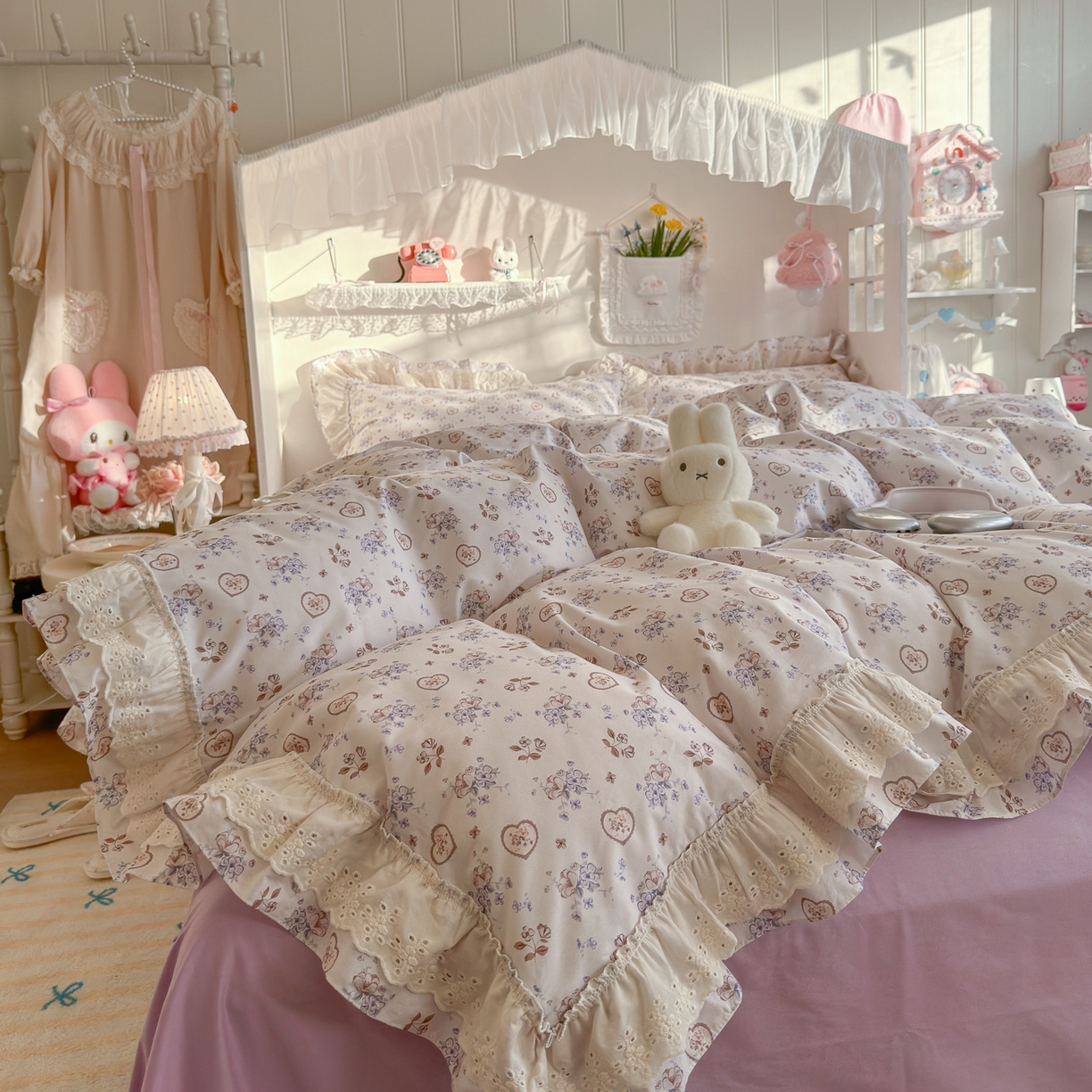 91家纺网 家纺一手货源 找家纺 锦彩家居 2026新款全棉数码印花小碎花花边款三件套四件套INS小红书博主风（提供买家秀） 烟雨丁香