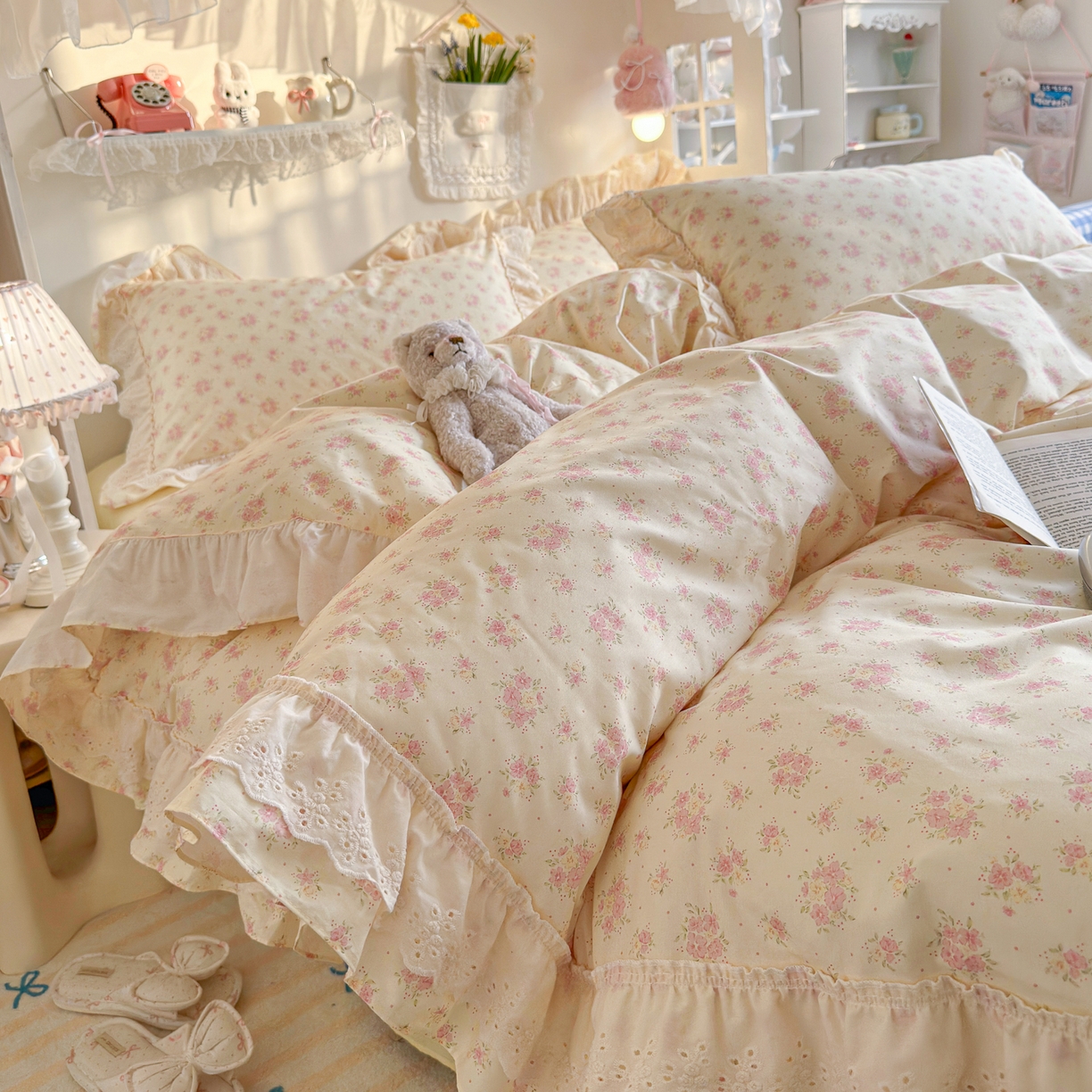 91家纺网 家纺一手货源 找家纺 锦彩家居 2026新款全棉数码印花小碎花花边款三件套四件套INS小红书博主风（提供买家秀） 栀子花信