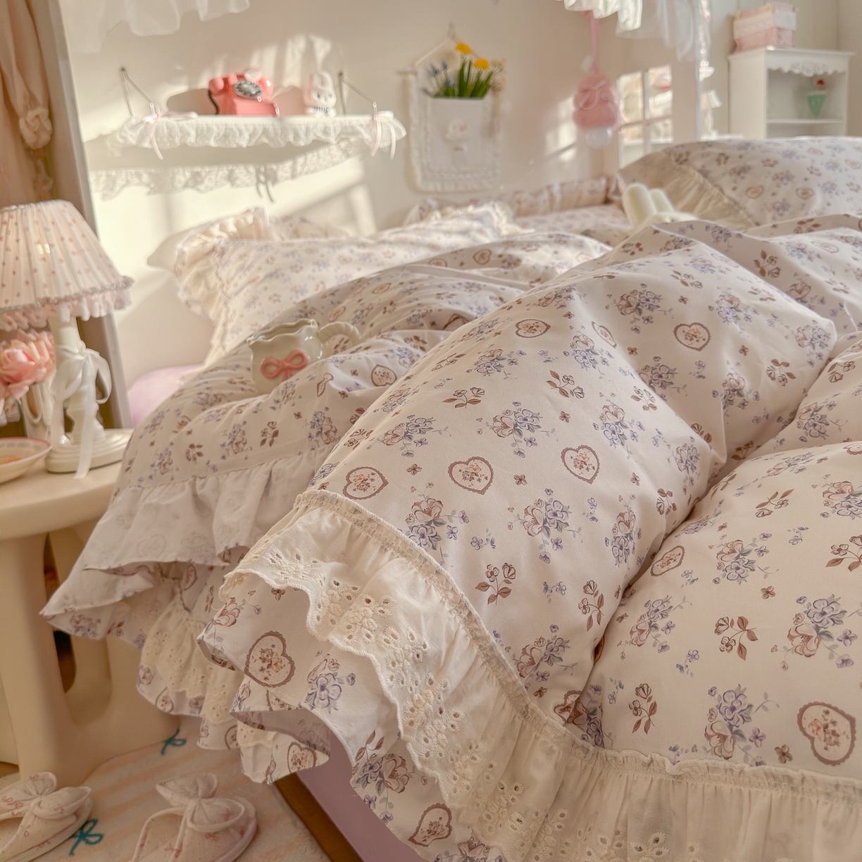 91家纺网 家纺一手货源 找家纺 锦彩家居 2026新款全棉数码印花小碎花花边款三件套四件套INS小红书博主风（提供买家秀） 烟雨丁香