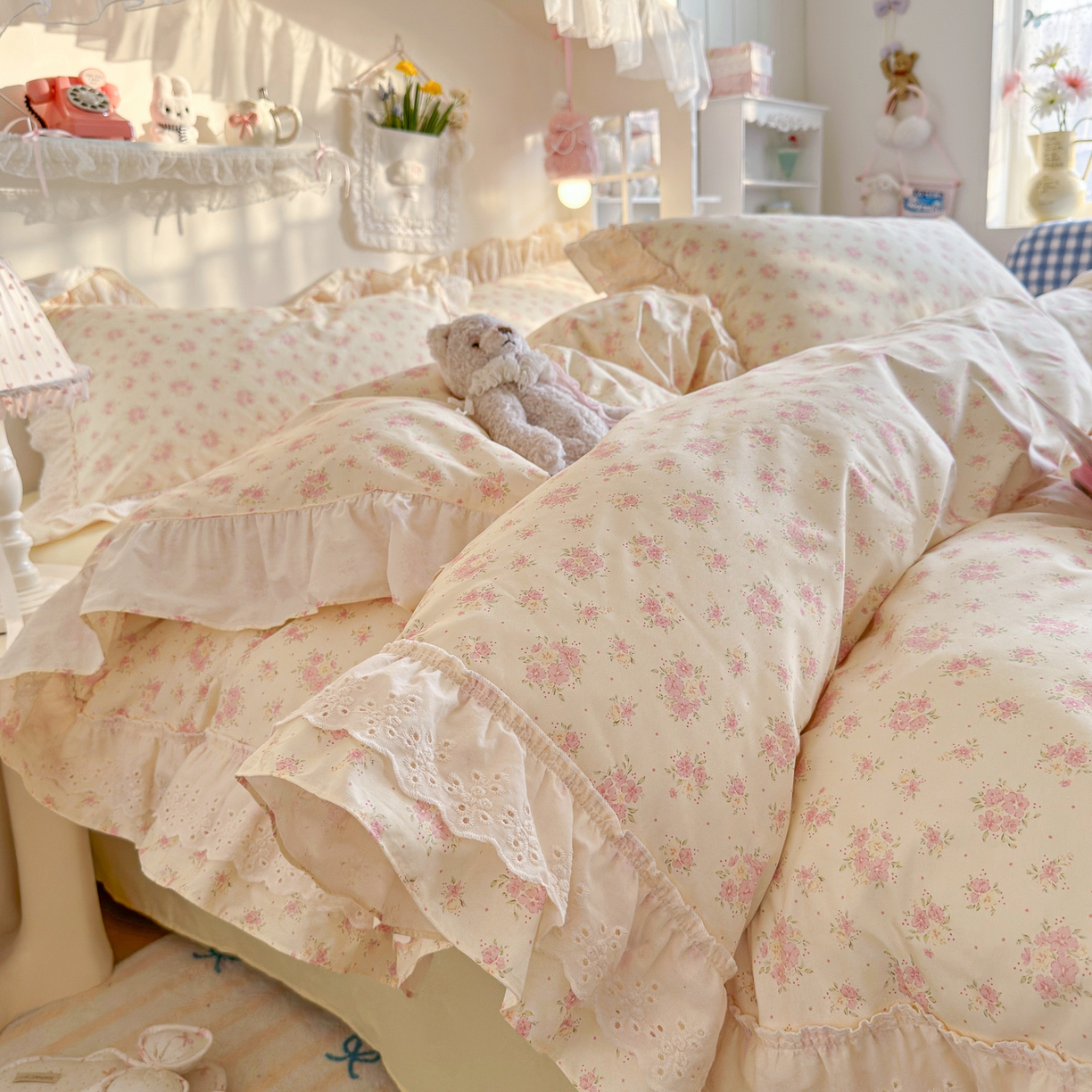 91家纺网 家纺一手货源 找家纺 锦彩家居 2026新款全棉数码印花小碎花花边款三件套四件套INS小红书博主风（提供买家秀） 栀子花信