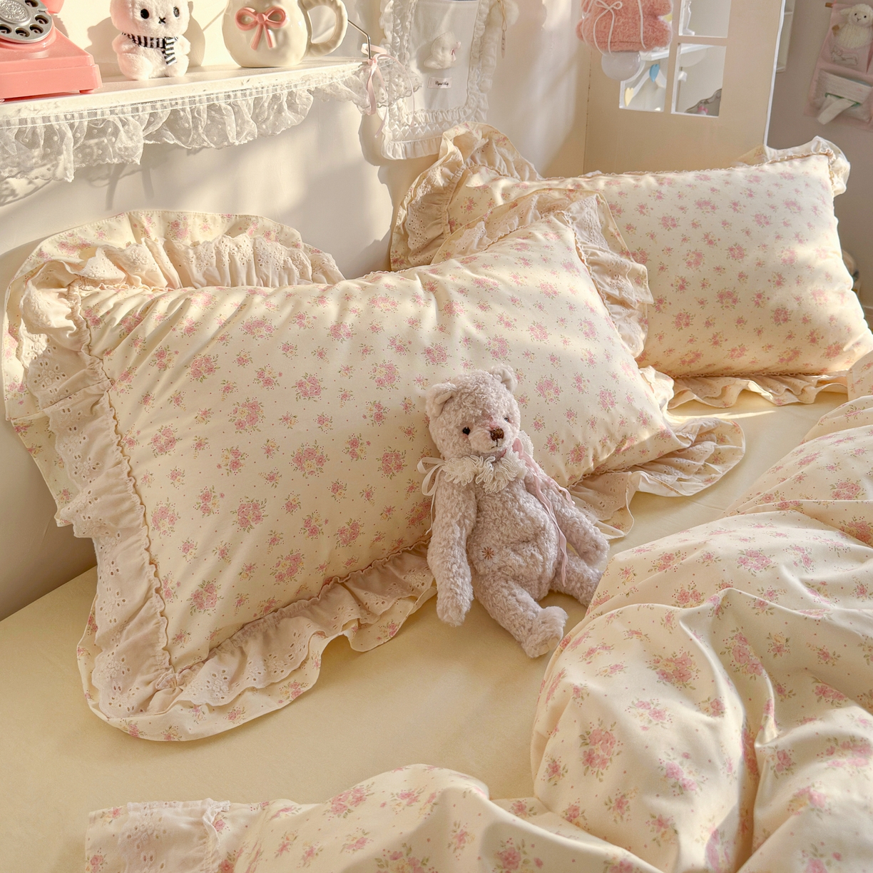 91家纺网 家纺一手货源 找家纺 锦彩家居 2026新款全棉数码印花小碎花花边款三件套四件套INS小红书博主风（提供买家秀） 栀子花信