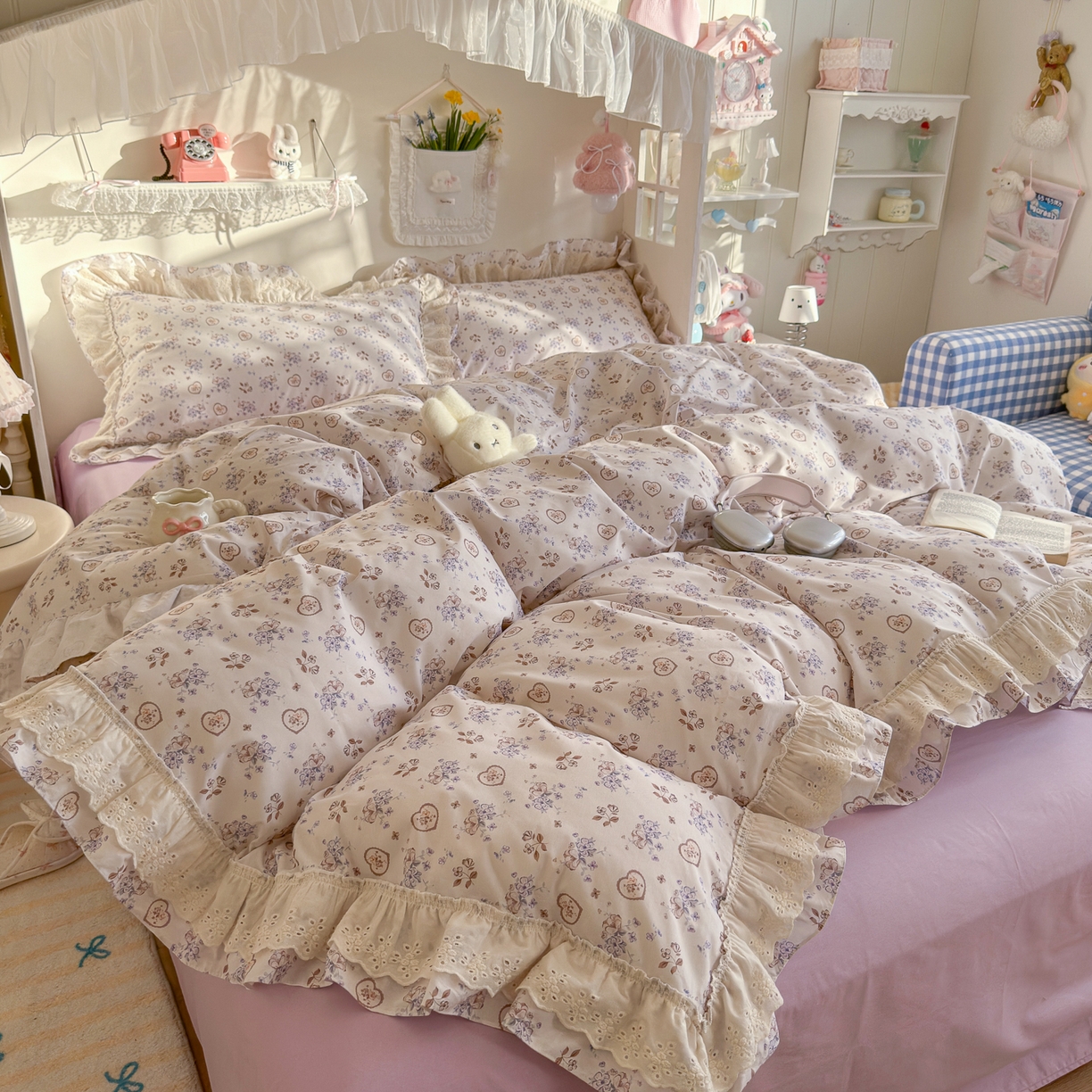 91家纺网 家纺一手货源 找家纺 锦彩家居 2026新款全棉数码印花小碎花花边款三件套四件套INS小红书博主风（提供买家秀） 烟雨丁香