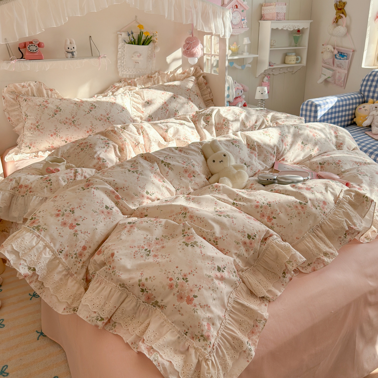 91家纺网 家纺一手货源 找家纺 锦彩家居 2026新款全棉数码印花小碎花花边款三件套四件套INS小红书博主风（提供买家秀） 墨染山樱