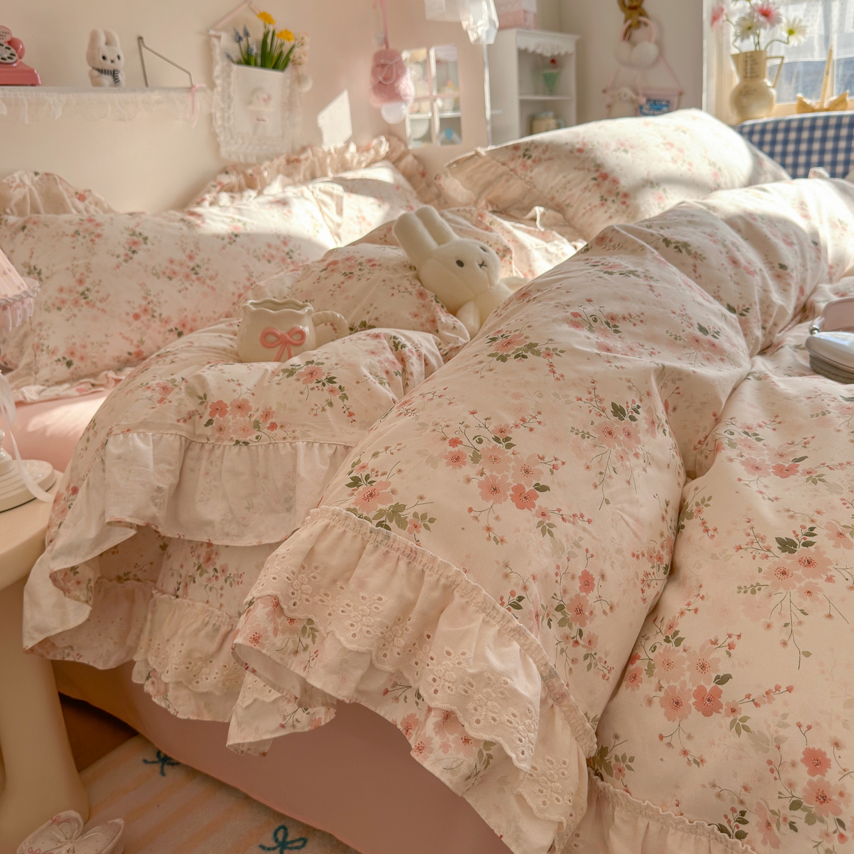 91家纺网 家纺一手货源 找家纺 锦彩家居 2026新款全棉数码印花小碎花花边款三件套四件套INS小红书博主风（提供买家秀） 墨染山樱